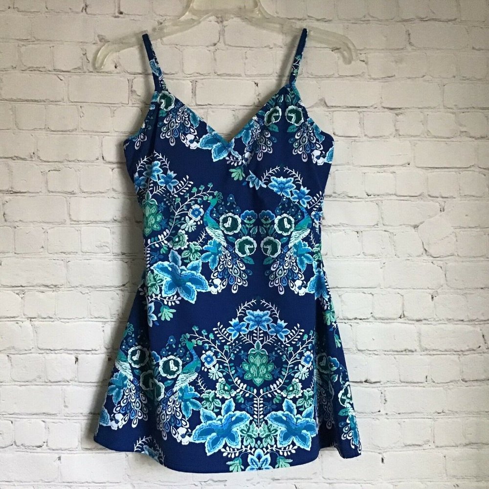 Garnet Hill Signature Surplice Wrap-Front Swim Dress 4 UPF 50 Underwire Blue